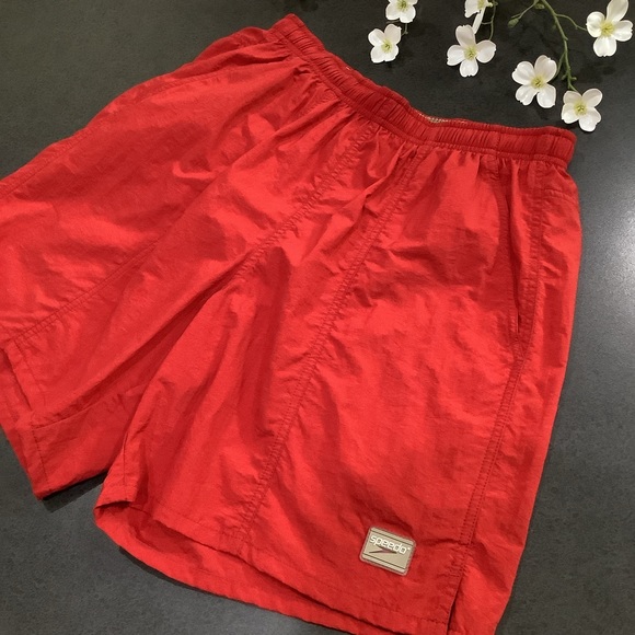 Speedo Paneled Red & Tan Logo Swim Trunks Paneled NWOT Yoked Back - Picture 2 of 12